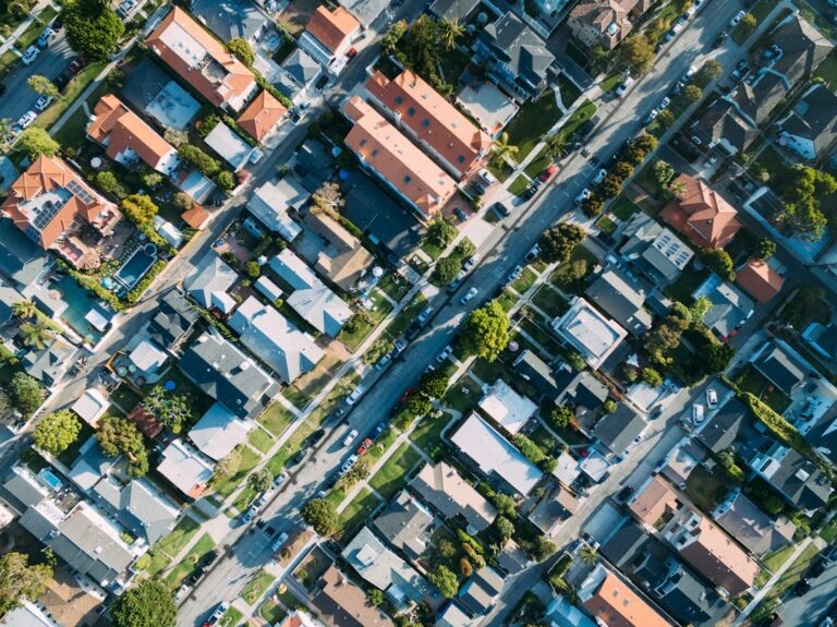 Aerial view of a suburban California residential neighborhood