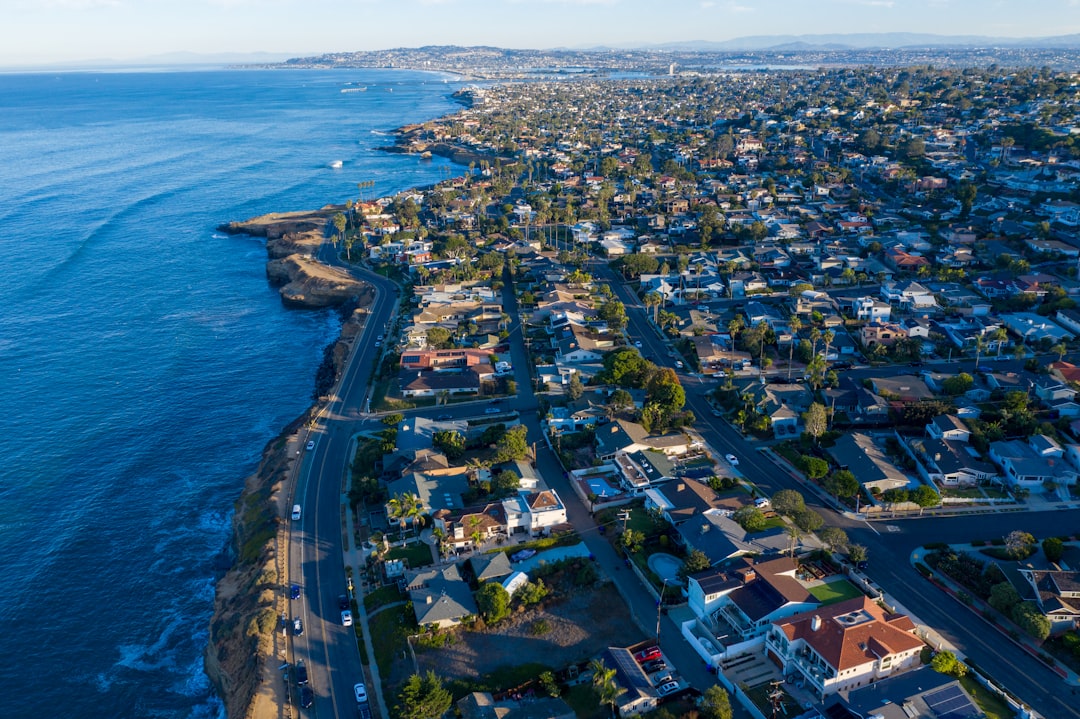 Aerial view of a San Diego coastal residential neighborhood near the ocean